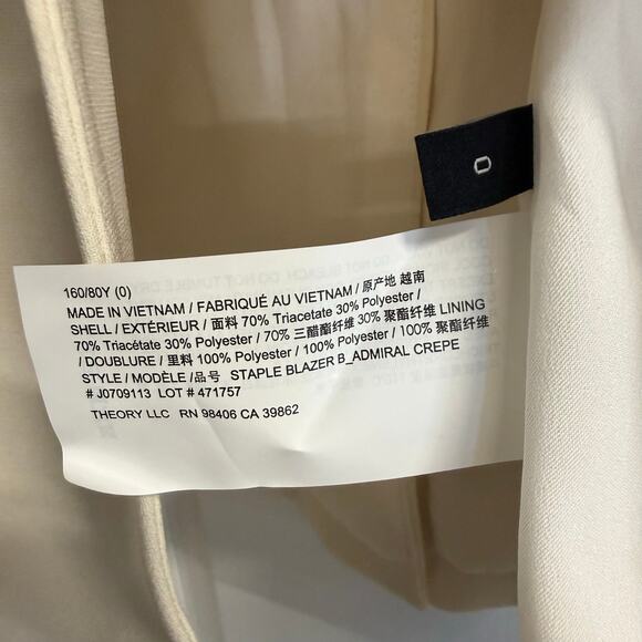 Theory Staple Blazer Admiral Crepe Rice Ivory Women’s Size 0 New with tags - Picture 8 of 9